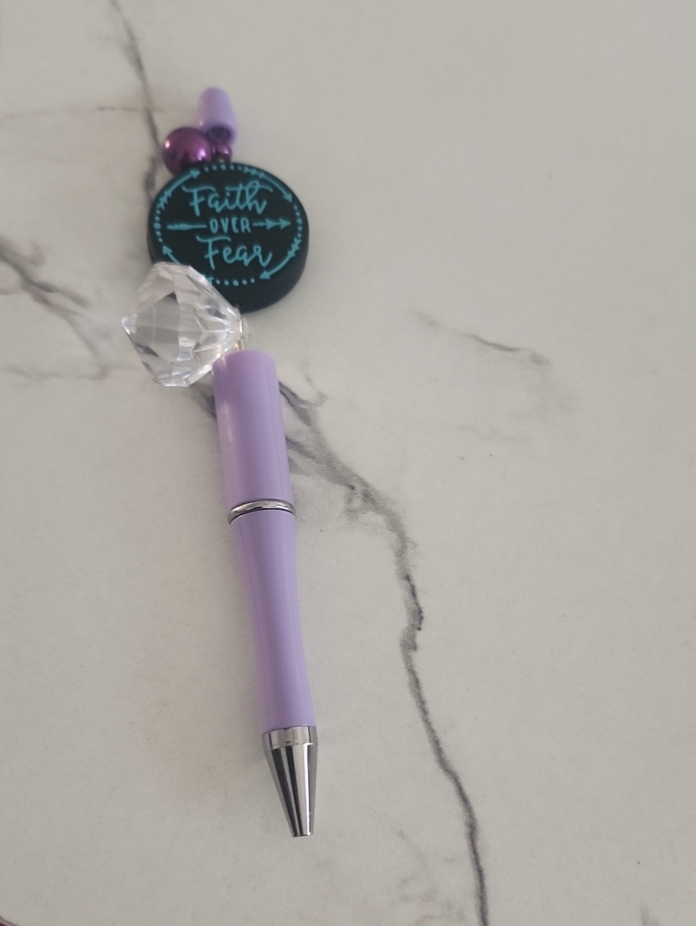 Handcrafted Lilac Crystal Top Pen with Faith Over Fear Charm